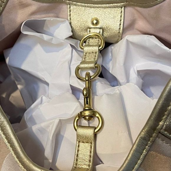 Large Matching Wallet Khaki and Tan Signature C Metallic Fabric Tote 12"L x 5"W - Picture 11 of 16